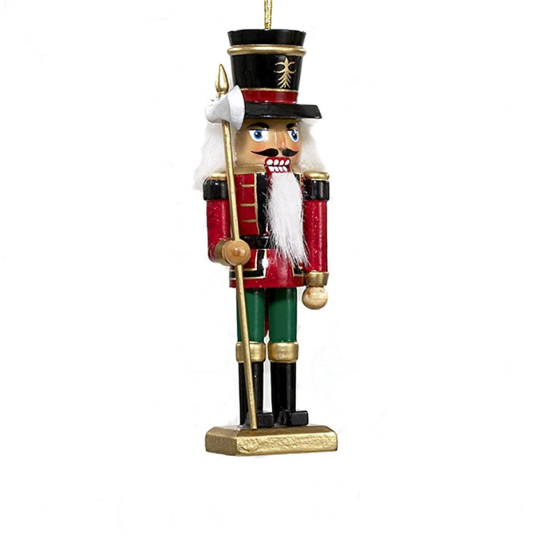 5-inch wooden nutcracker ornament in a red jacket and green pants holding a gold halberd.