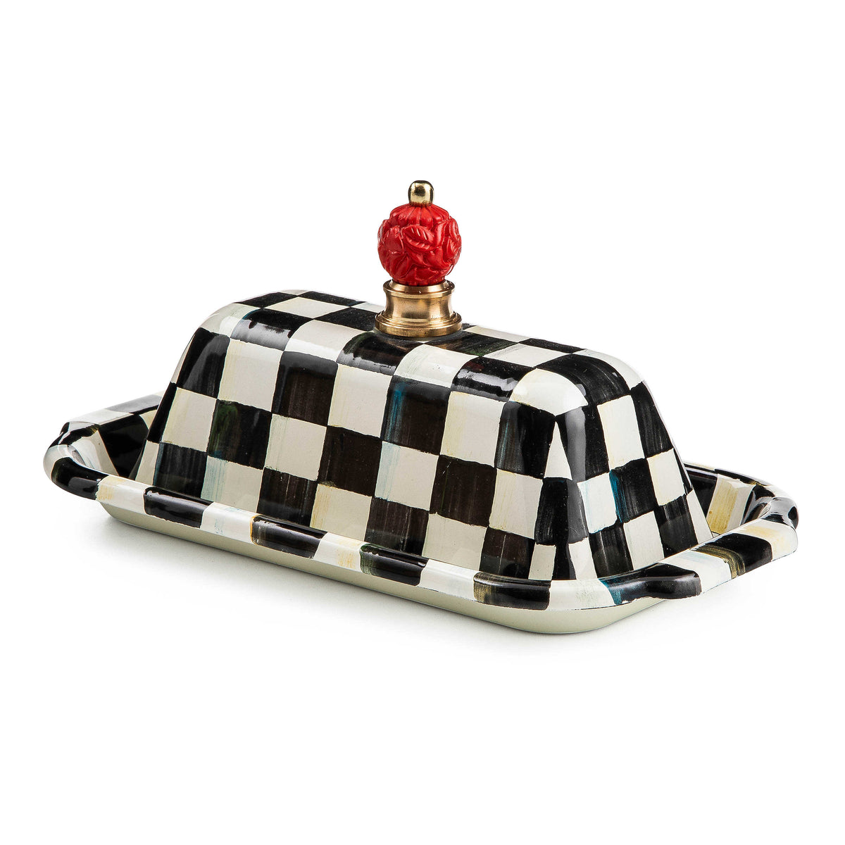 Courtly Check Enamel Butter Box with hand-painted black and white checks and a red cinnabar knob.