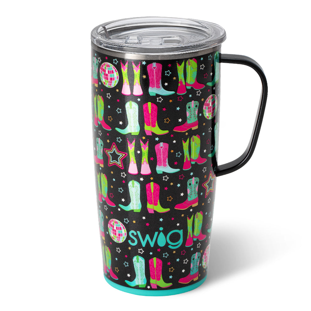 Silver stainless steel travel mug with a slim metal handle and large BPA-free lid.