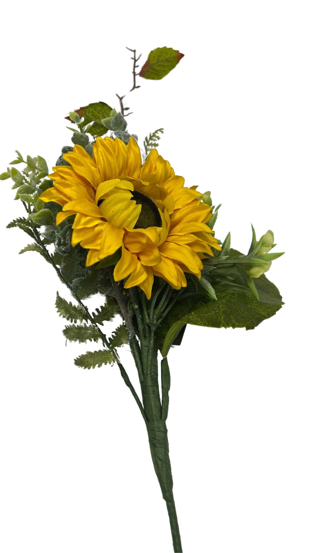 Artificial sunflower pick with green leaves and buds, tied with green floral tape.
