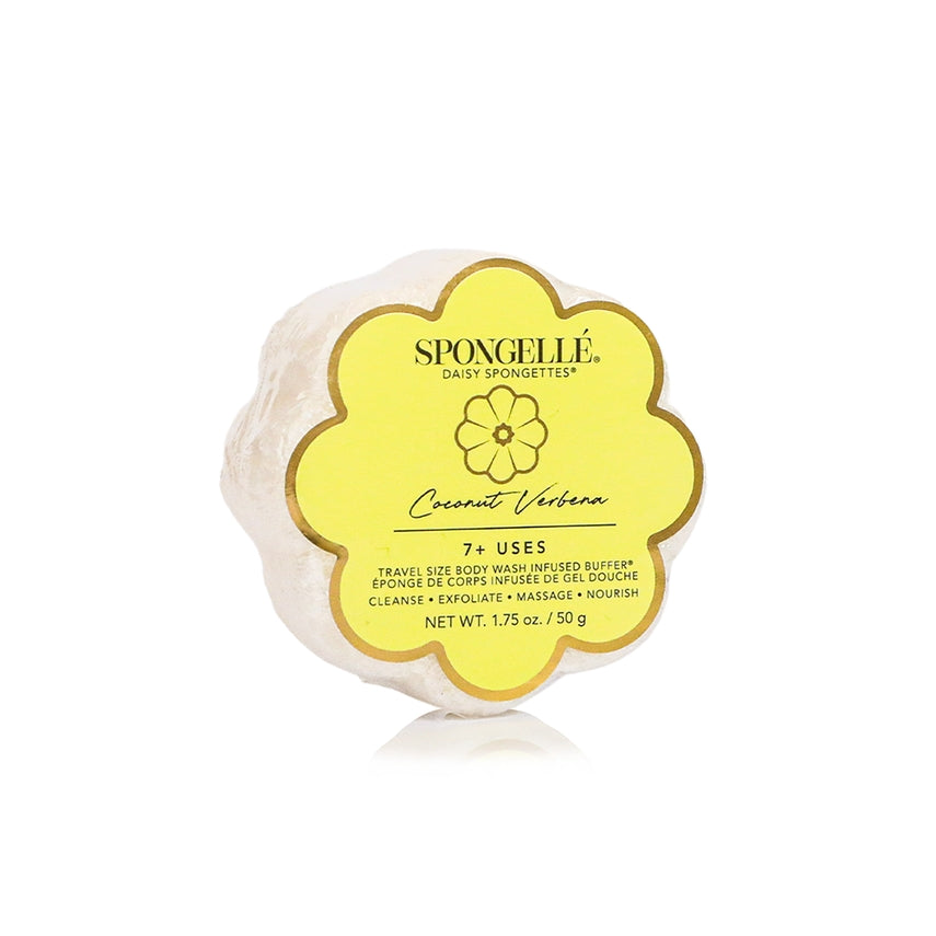 Daisy Collection Spongette body wash infused sponge with built-in cleanser in natural beige color.
