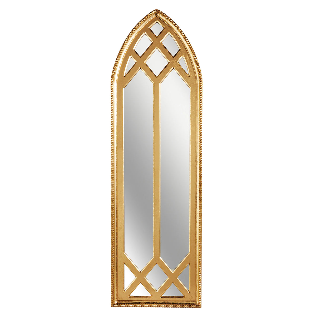 Gold arch mirror with a pointed top, beaded frame, and geometric lattice overlay on the glass.