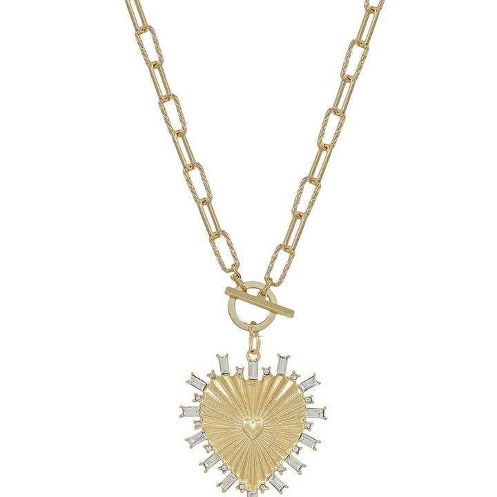 Gold chain necklace with rhinestone studded heart charm