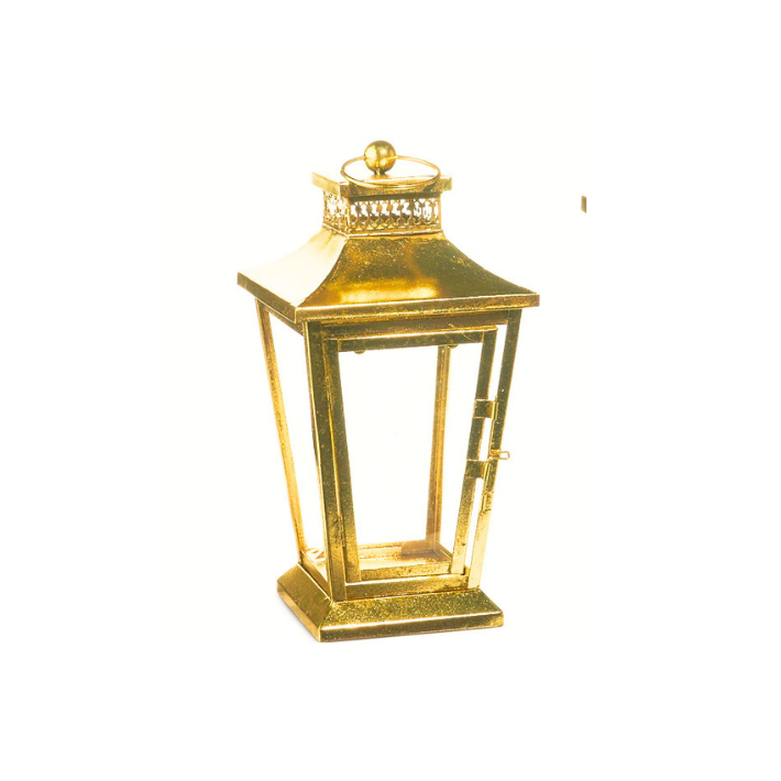 Gold iron lantern with glass panels and a decorative ring handle on top.