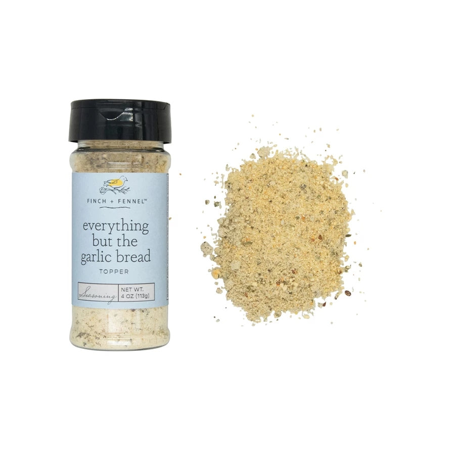 4 oz bottle of Finch + Fennel Everything But The Garlic Bread Topper seasoning with loose powder.
