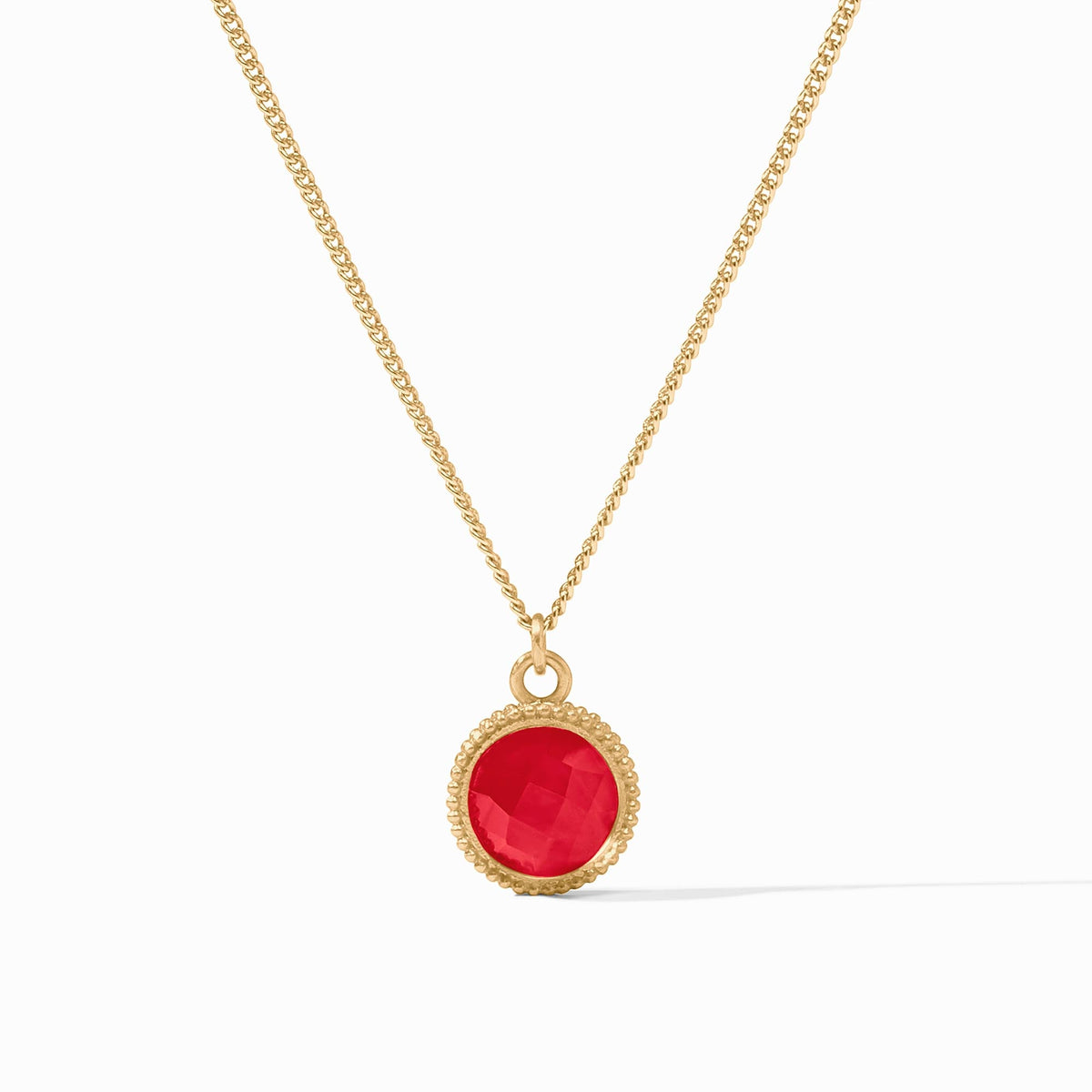 Fleur-De-Lis Solitaire Necklace in 24K gold plate with a round faceted red glass pendant.