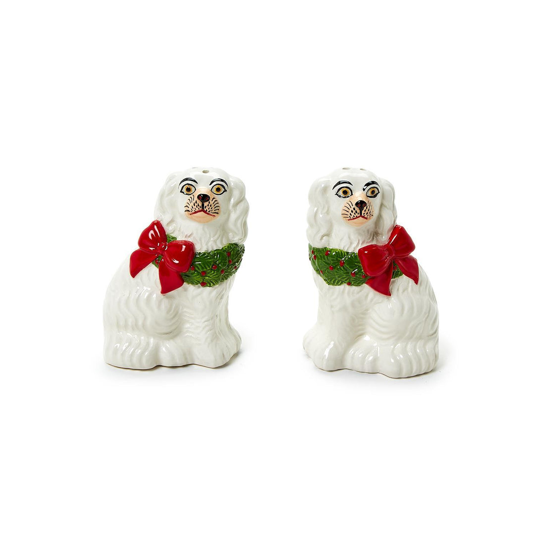 Holiday Hound Staffordshire Dog with Wreath Salt and Pepper Shaker Set