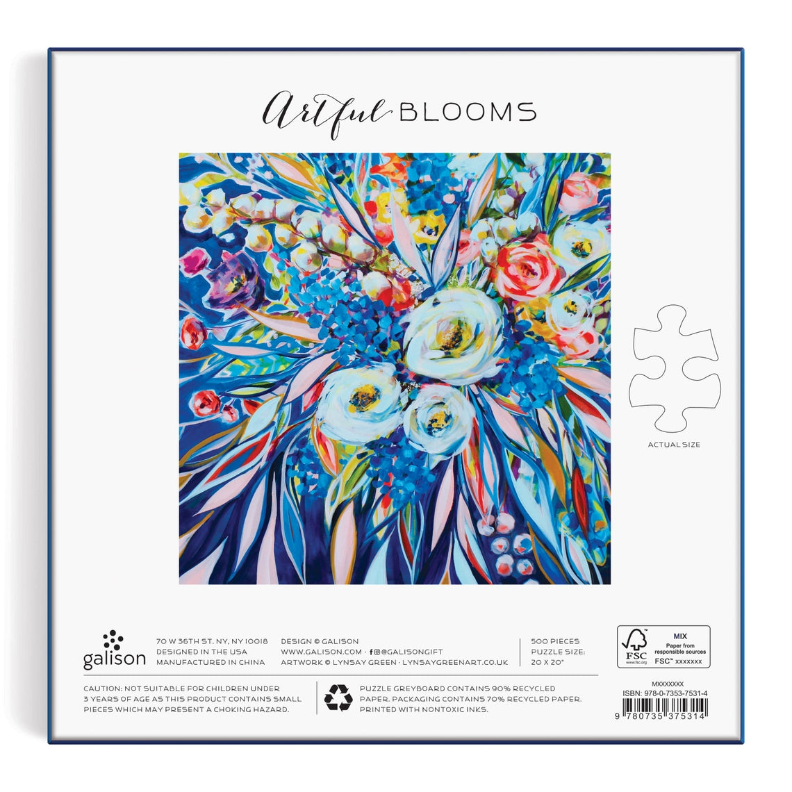 Artful Blooms 500 Piece Puzzle box back showing floral artwork, piece count, and dimensions.