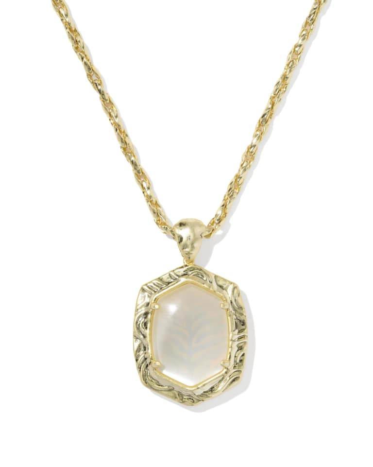 Tiger Striped Daphne Small Long Pendant Gold Necklace with a white stone and textured gold frame.