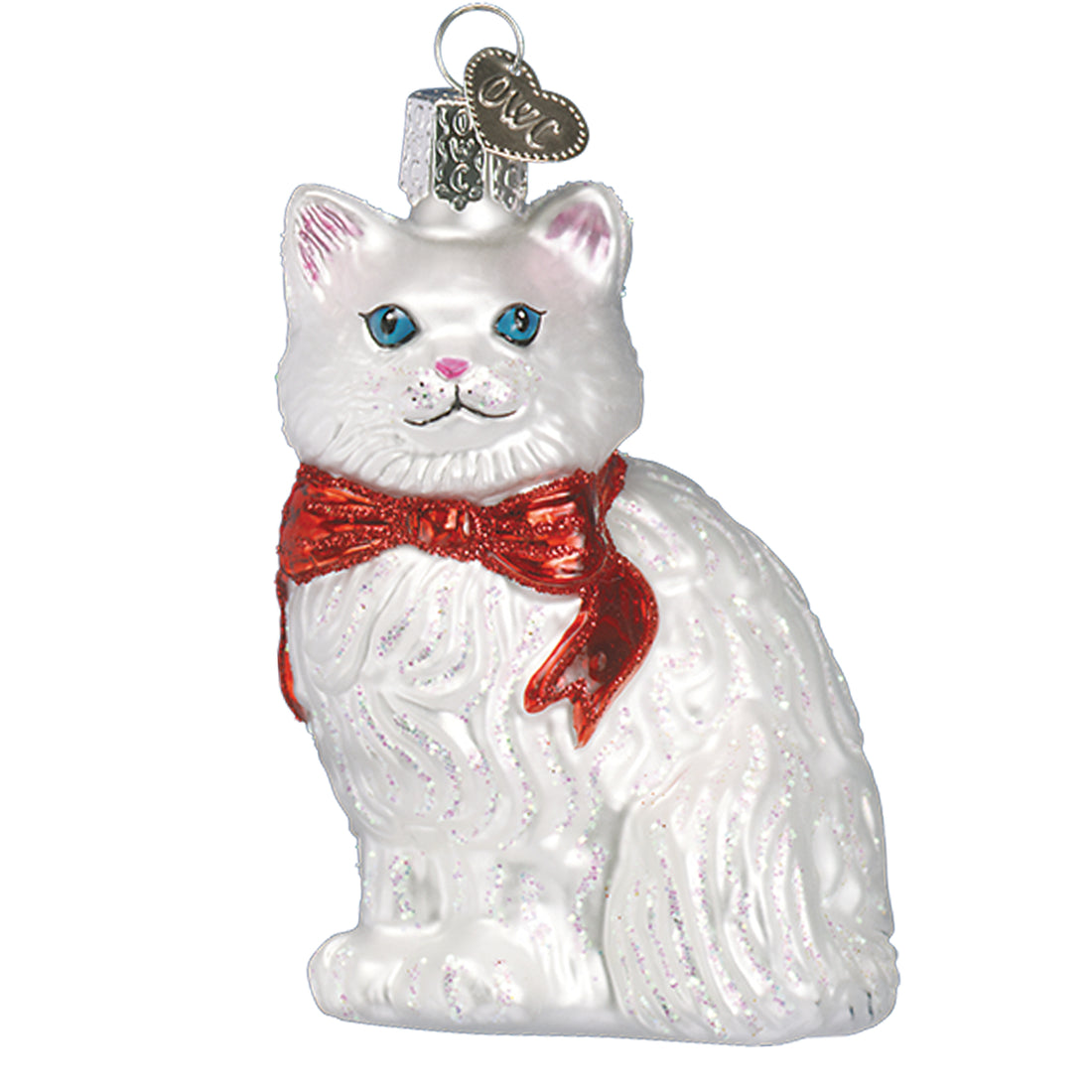 White glittery glass cat ornament with a red bow and blue eyes.