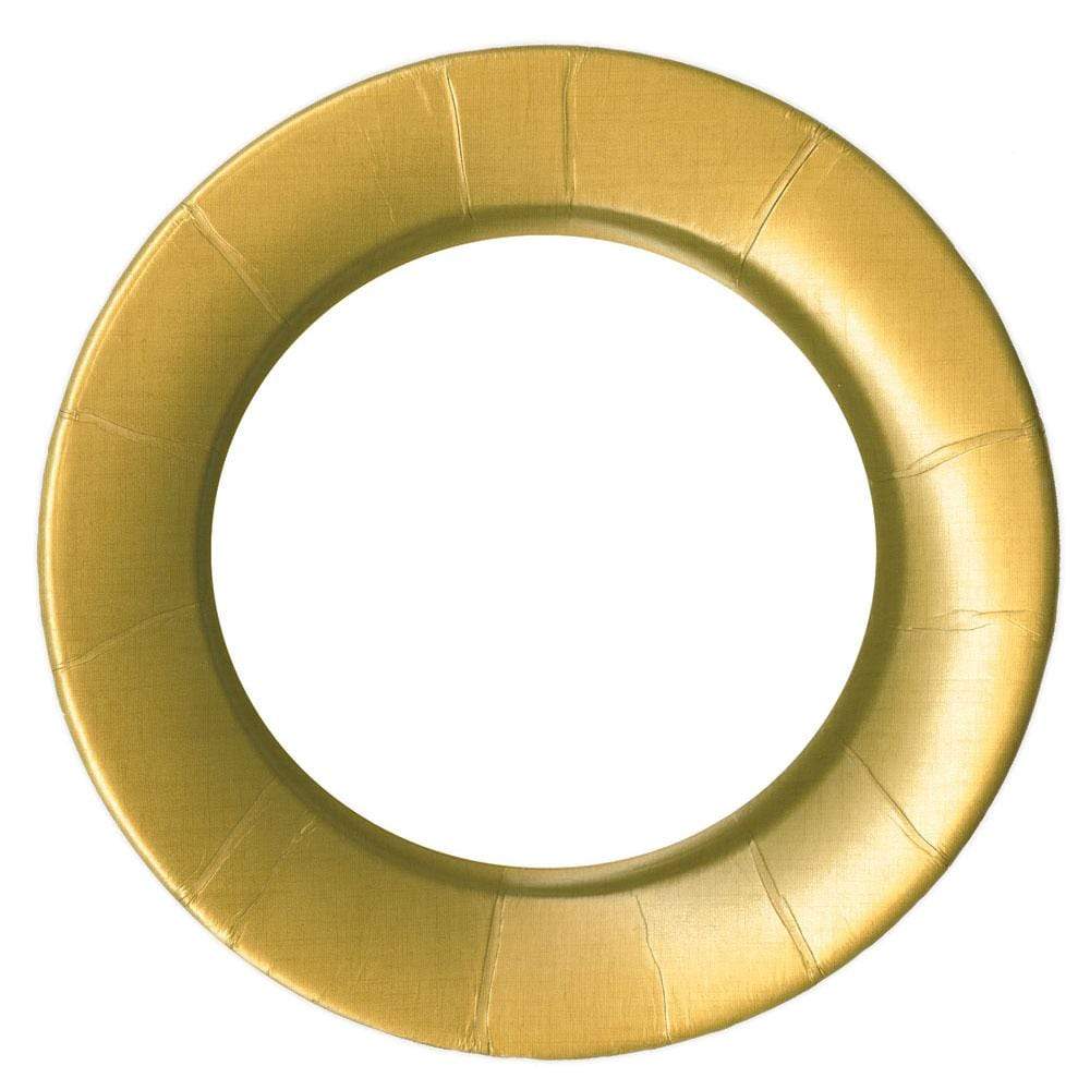 Round gold paper dinner plate with a textured linen border design.
