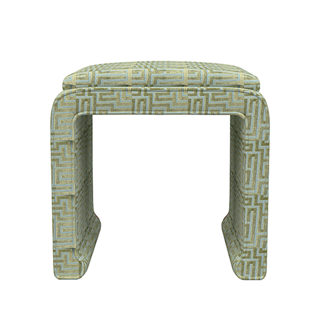 Edith stool in Duluth green with a curved wooden frame.