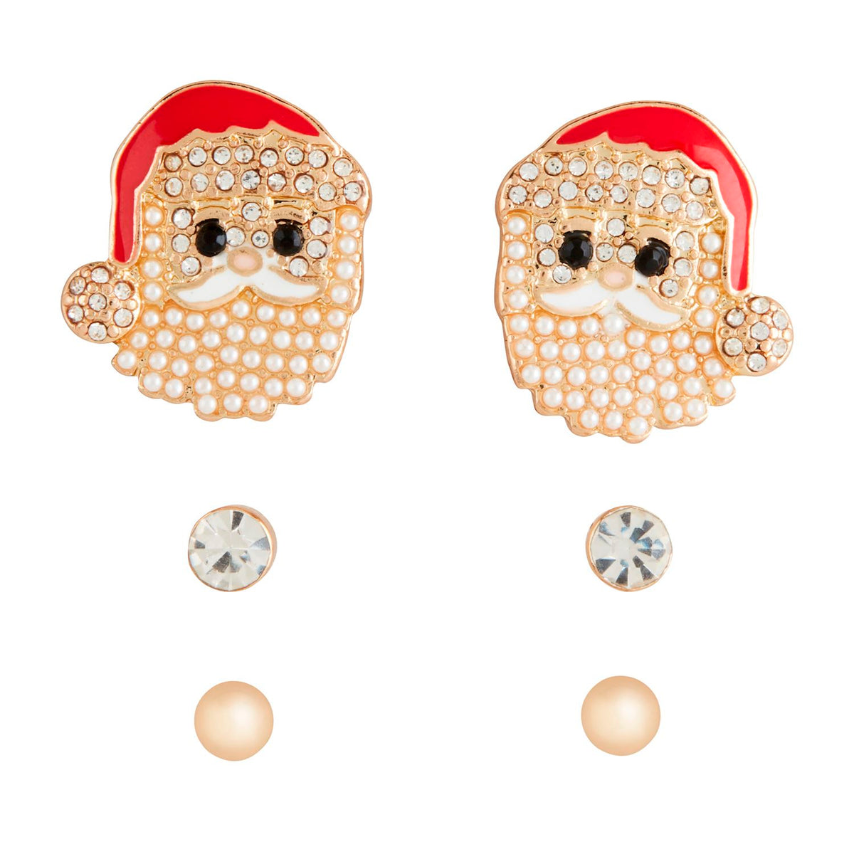 Set of three colored pave rhinestone stud earrings with hypoallergenic posts.