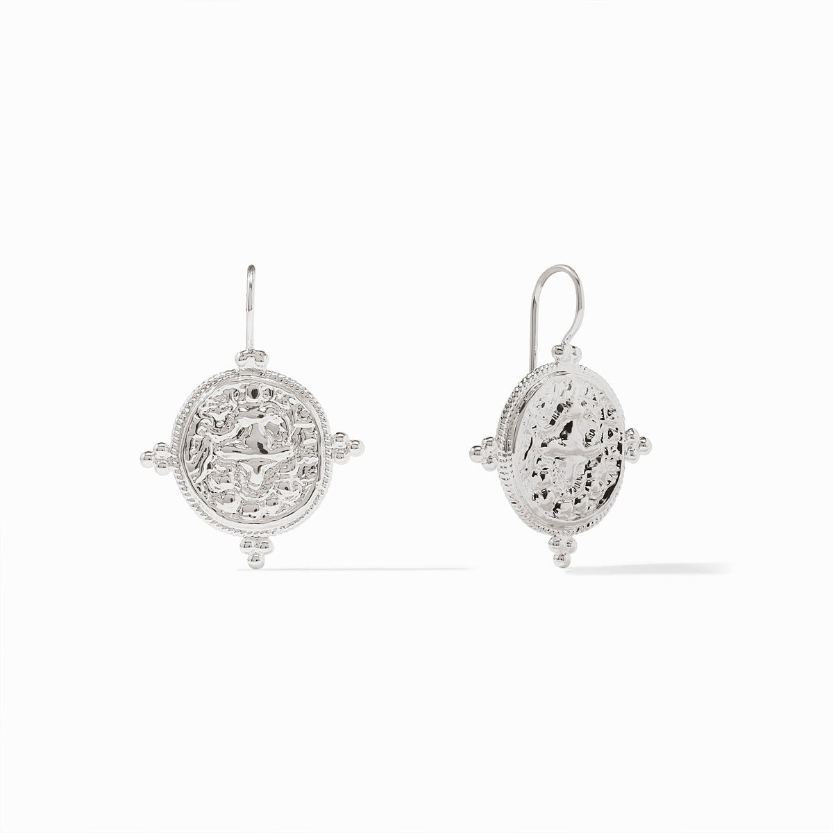 Quatro Coin earring with pure silver plate finish on a French wire hook.