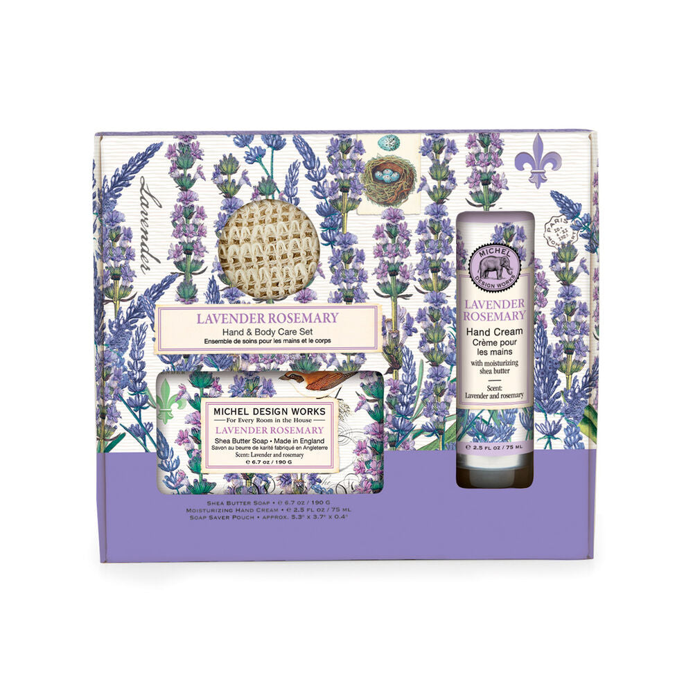 Lavender Rosemary Hand & Body Care Set including shea butter soap, hand cream, and a soap pouch.