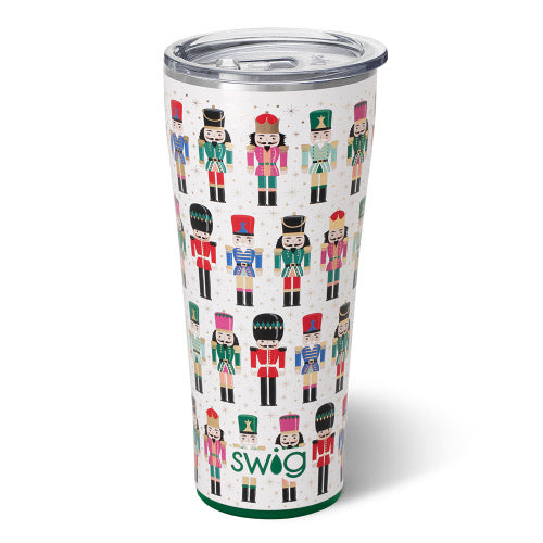 32oz stainless steel tumbler featuring a festive nutcracker pattern on a white background.