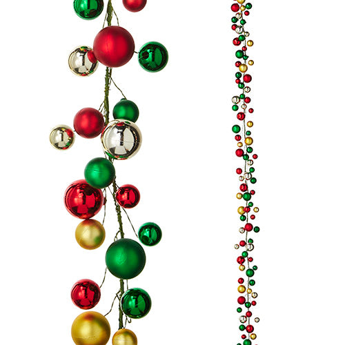 6' Christmas garland featuring red, green, and gold ornaments in various sizes and finishes.