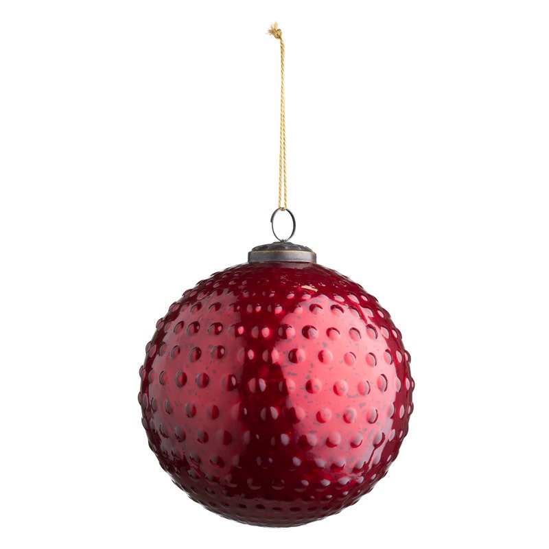 6-inch round ruby red mercury glass ornament with a vintage hobnail texture and hanging string.