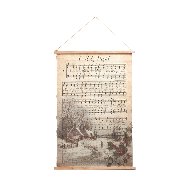 42.75" hanging paper tapestry featuring O Holy Night sheet music and a snowy winter scene.
