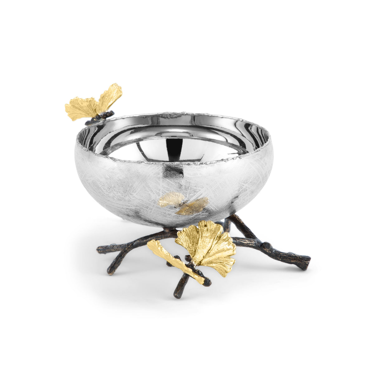 Butterfly Ginkgo Small Bowl in hand-textured stainless steel with brass butterfly and leaf accents.