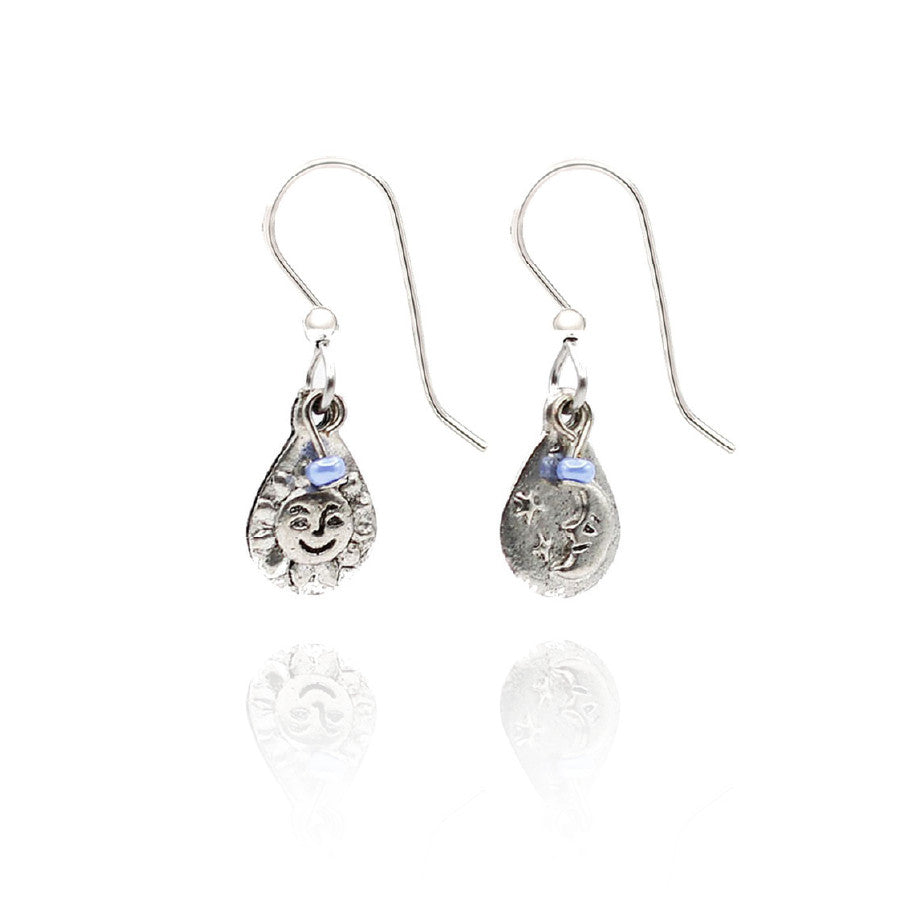 Celestial Fun Duo silver drop earrings featuring a smiling sun and a crescent moon with stars.