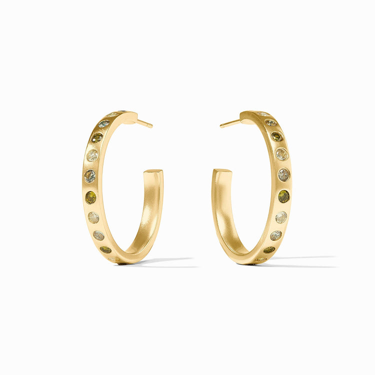 Rainbow hoop earrings with CZ posts featuring a vibrant multicolor gradient pattern on gold-plated metal.