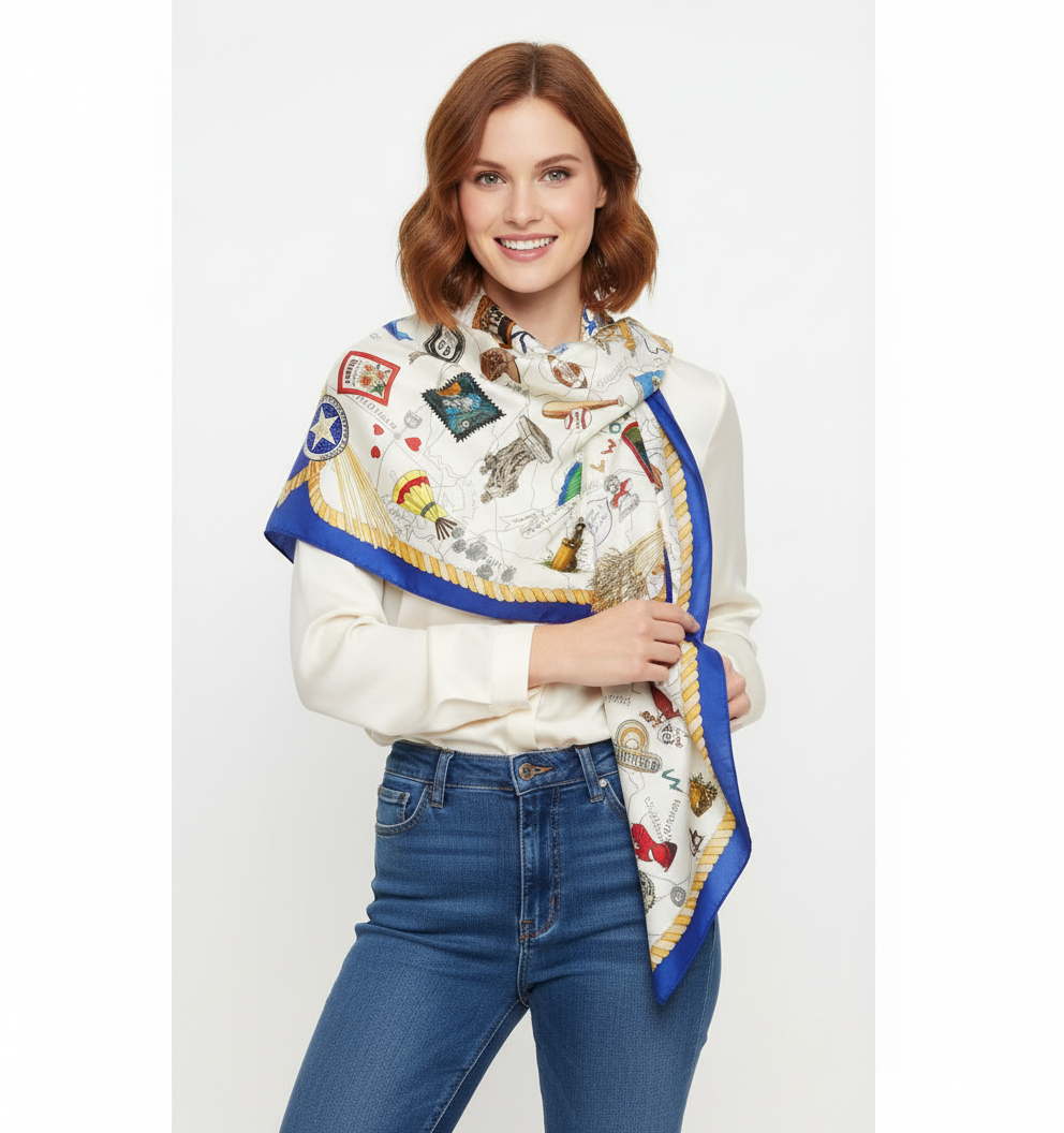 Square silk scarf featuring Oklahoma state outline in blue on white background.