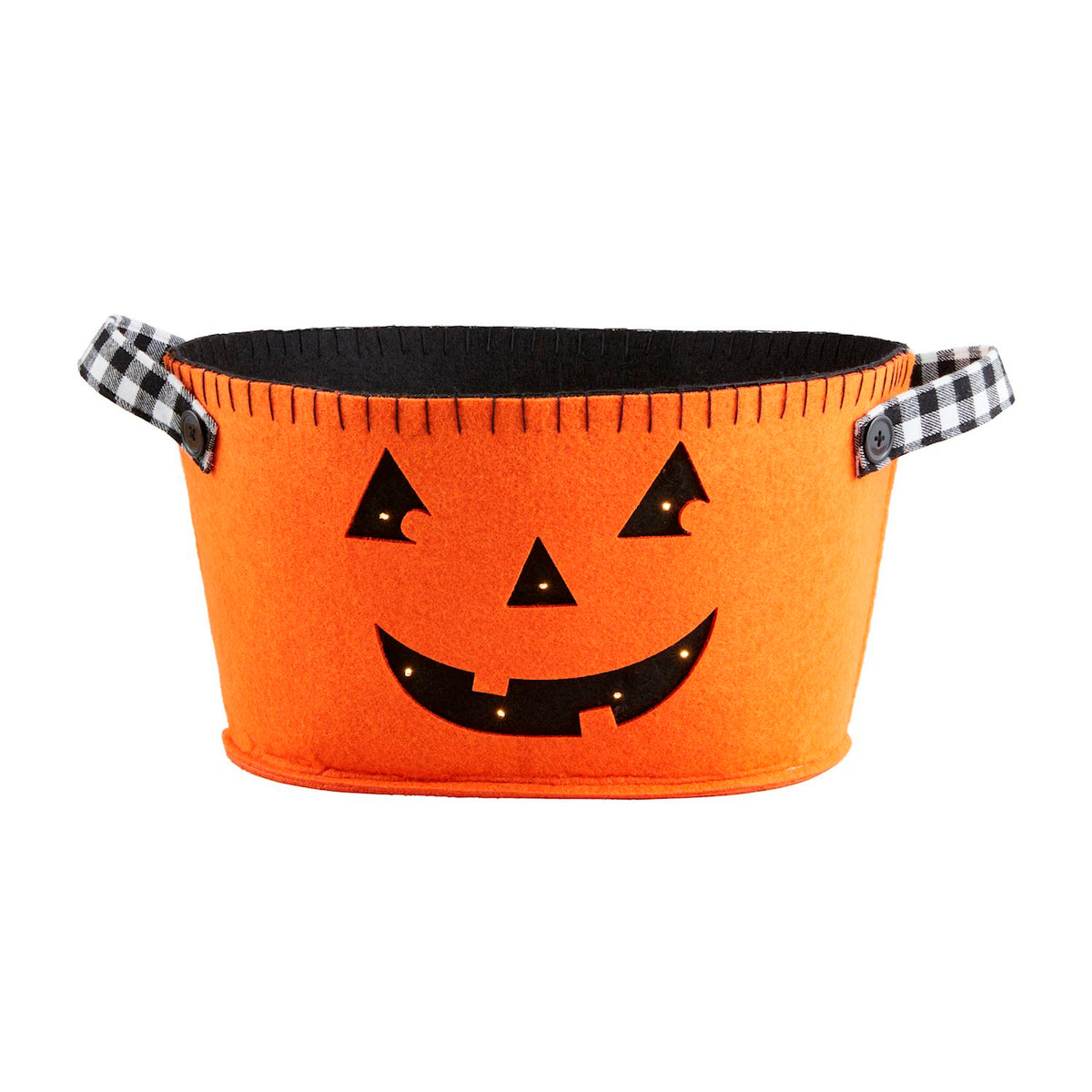 Reversible felt bucket with ghost on one side and jack-o-lantern pattern on the other.