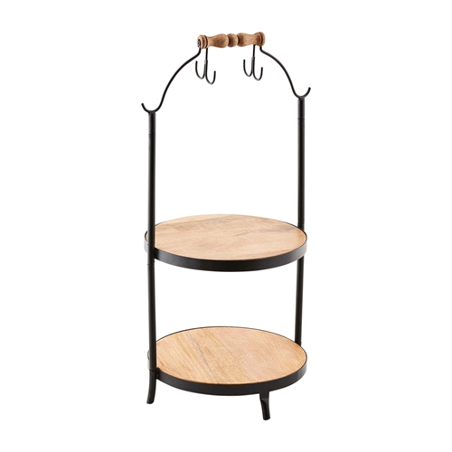 Tiered mango wood cup stand with a natural grain finish.