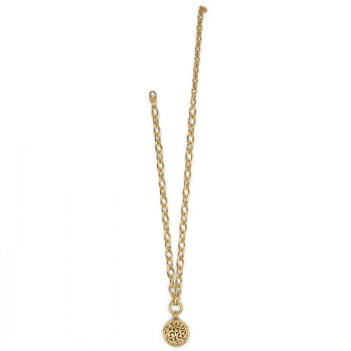 Gold plated Contempo Medallion Charm Necklace with an adjustable chain and lobster claw closure.