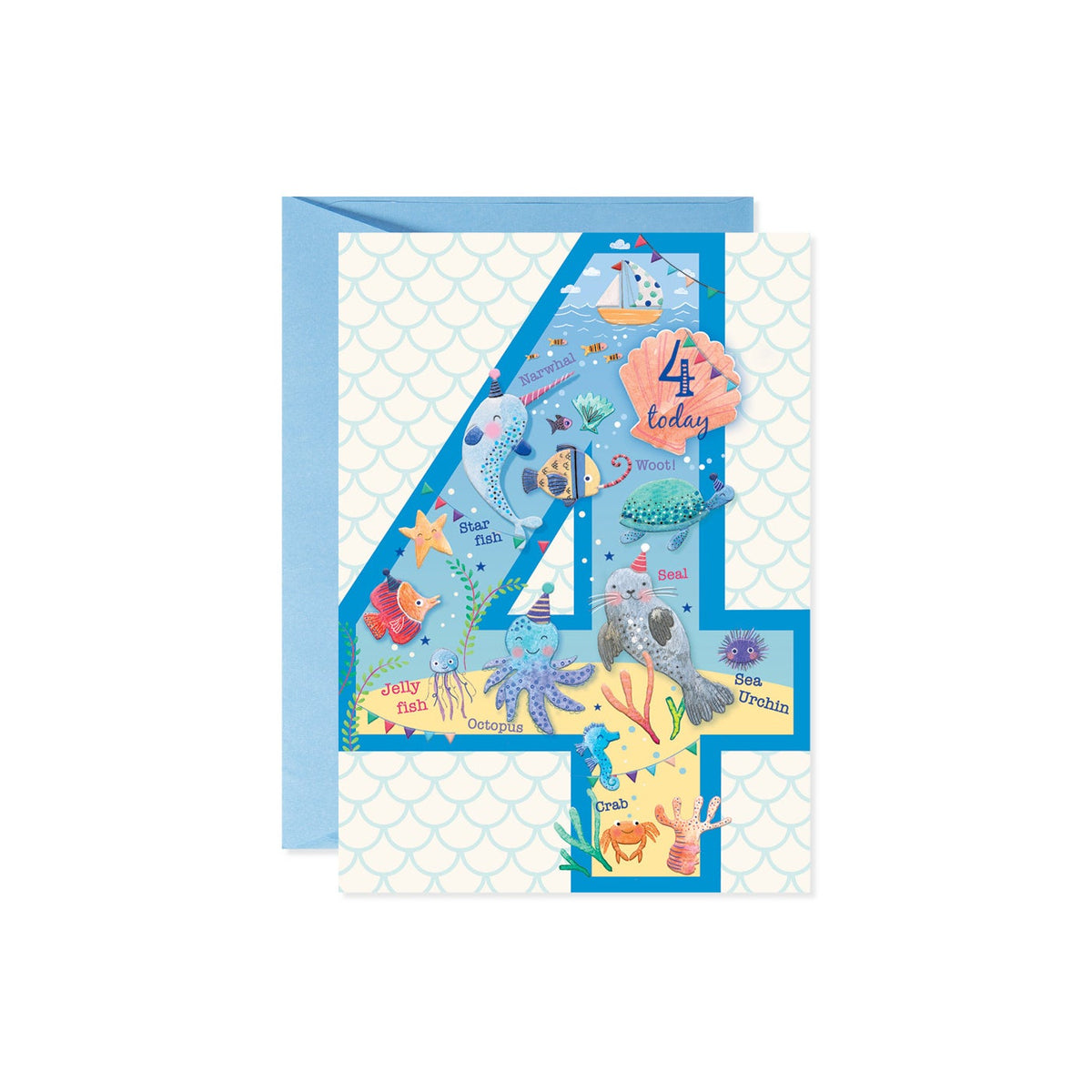 A birthday card shaped like the number 4, featuring underwater sea creatures and a sailboat on a blue and white scallop pattern.