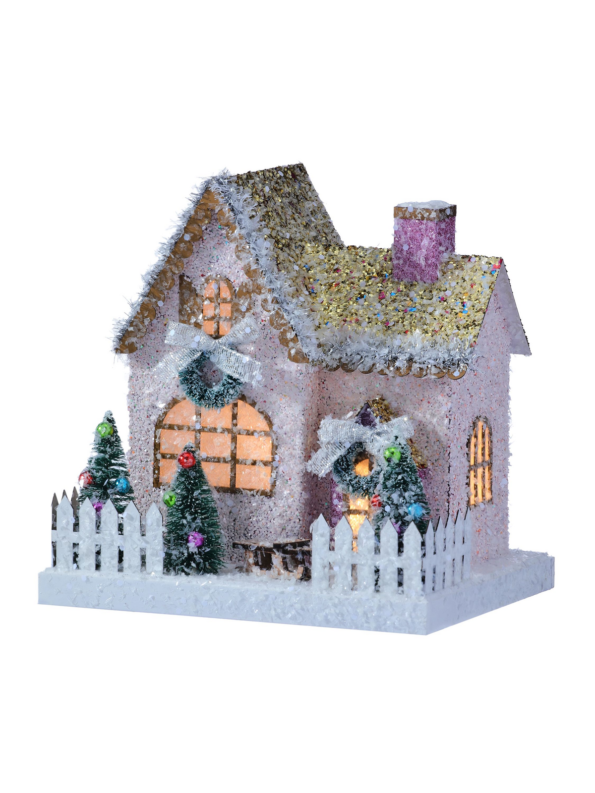 8-inch pink glittery retro cardboard house with LED lights, white fence, and mini Christmas trees.