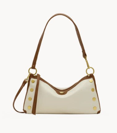 Antique gold Kyle Small crossbody bag with tassel zipper pull, O-ring attachments, back zip pocket, and leather credit card slot.