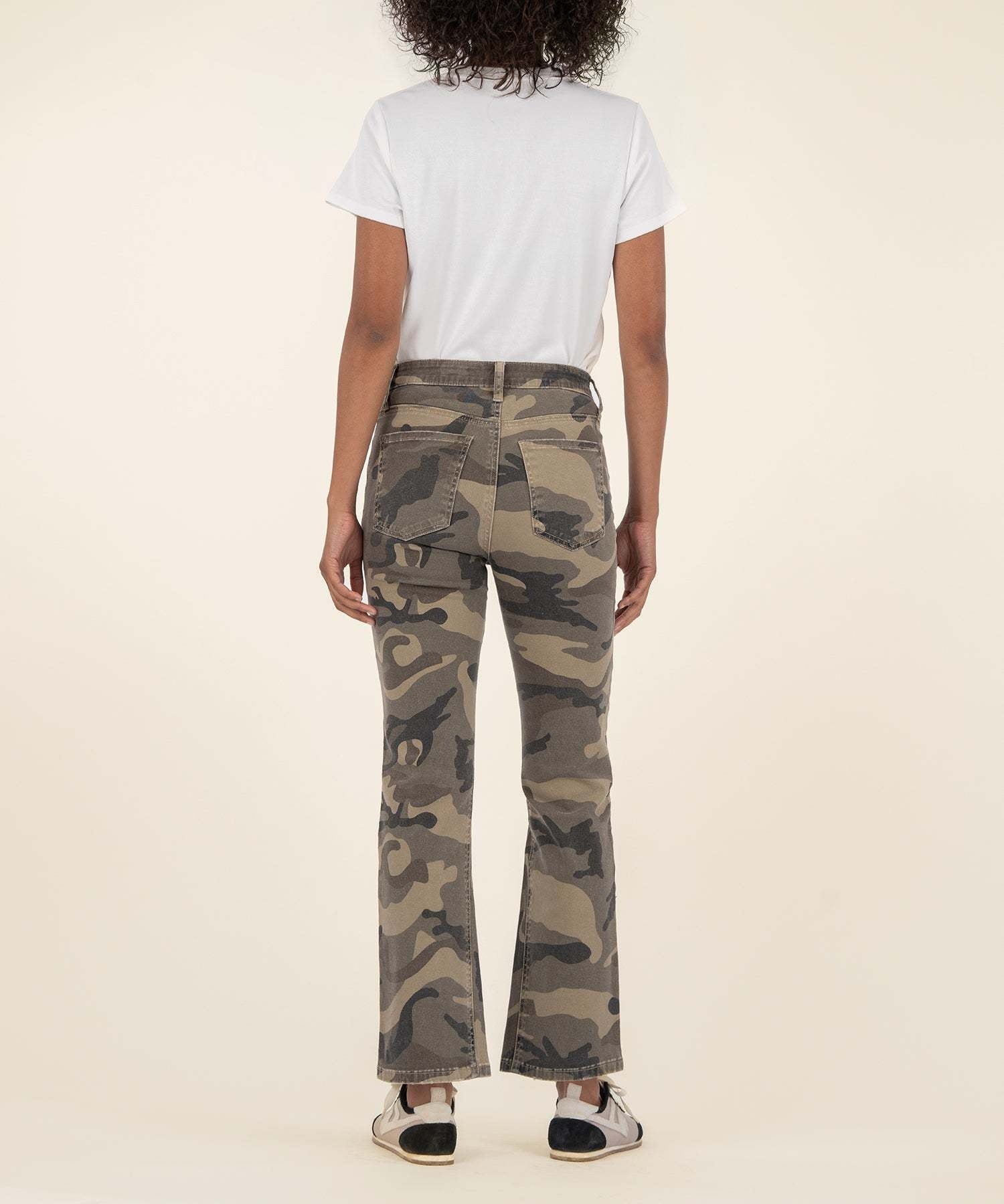 Back view of olive green Kelsey high rise ankle flare jeans with raw hems and soft stretch fabric.