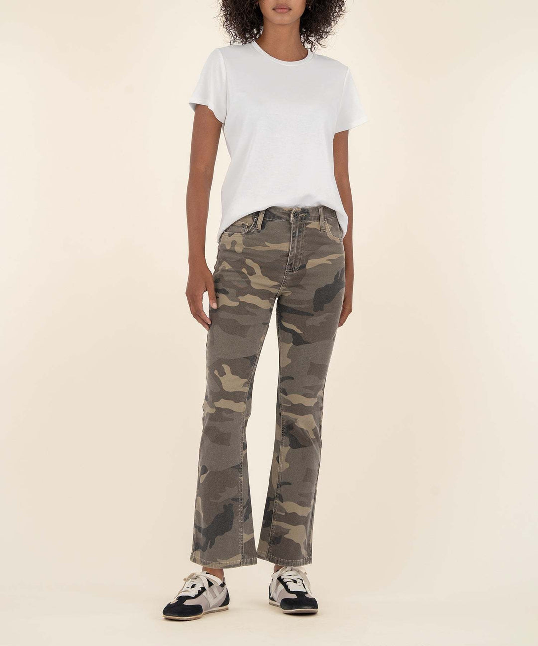 Front view of olive Kelsey high-rise ankle flare jeans with raw hems in soft stretch cotton and spandex.