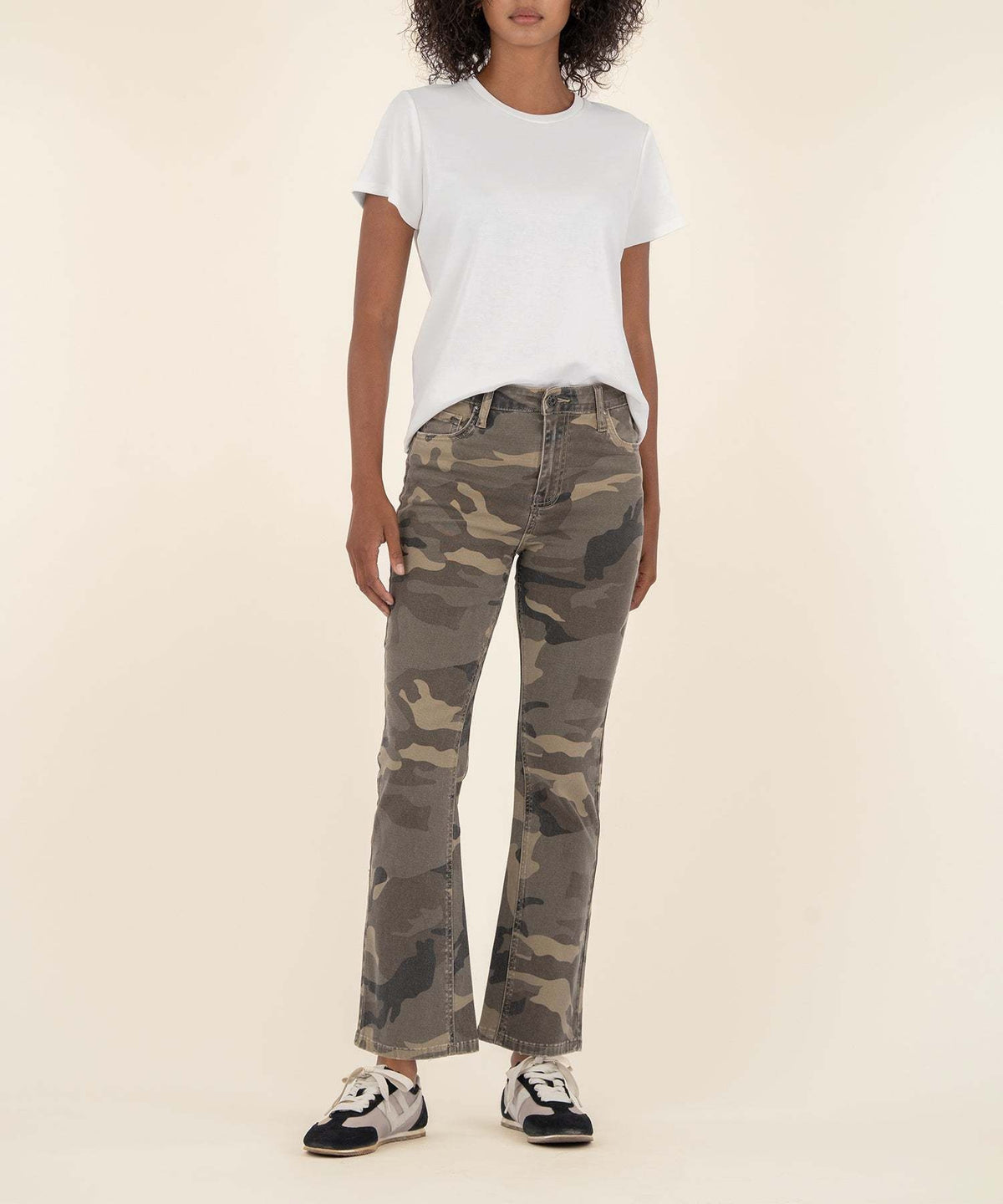 Front view of olive Kelsey high-rise ankle flare jeans with raw hems in soft stretch cotton and spandex.