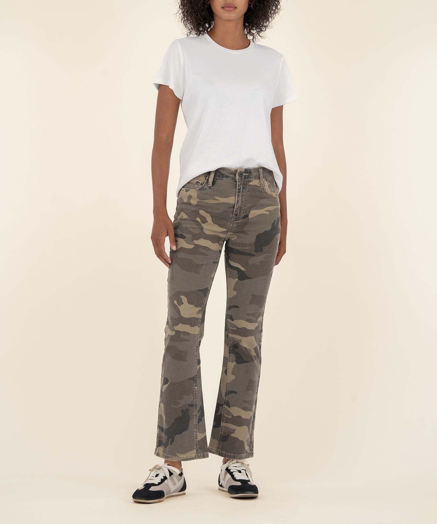 Front view of olive Kelsey high-rise ankle flare jeans with raw hems in soft stretch cotton and spandex.