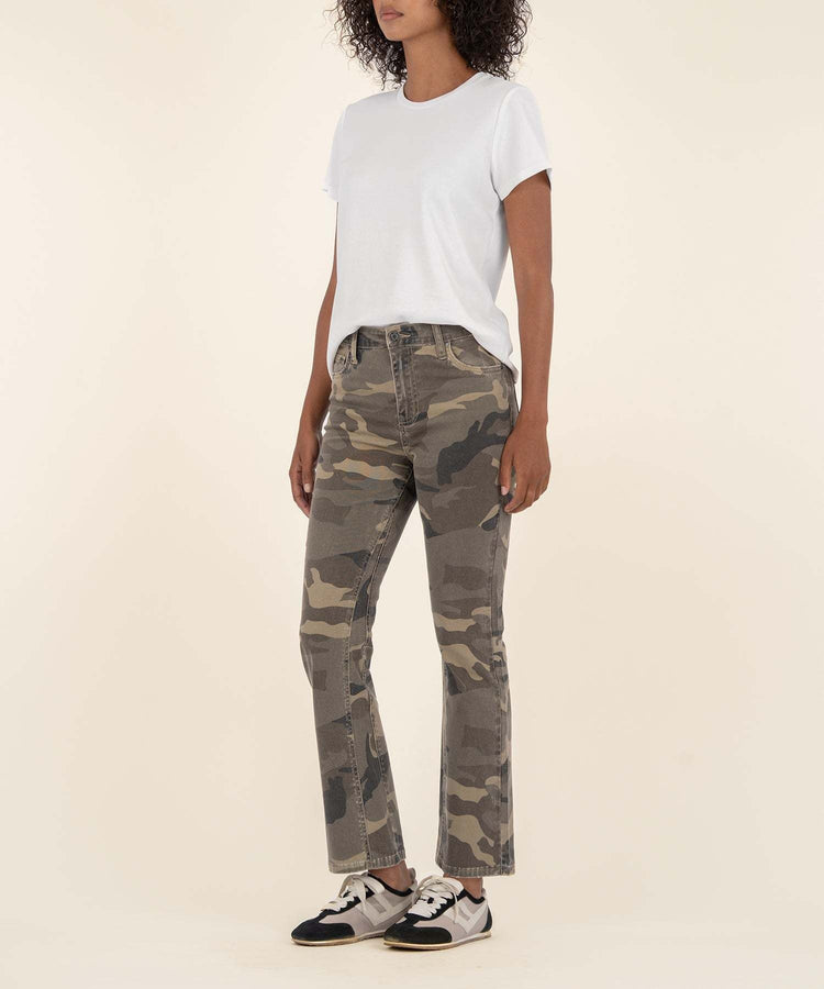 Side view of olive green Kelsey high rise ankle flare jeans with raw hems and soft stretch fabric.