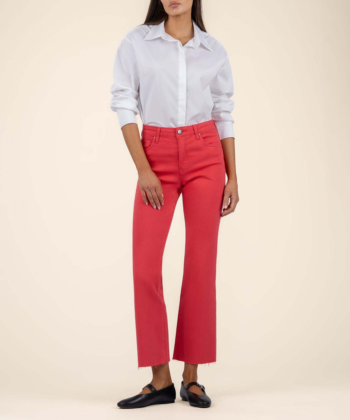 Strawberry high-rise flare jeans with raw hem edge