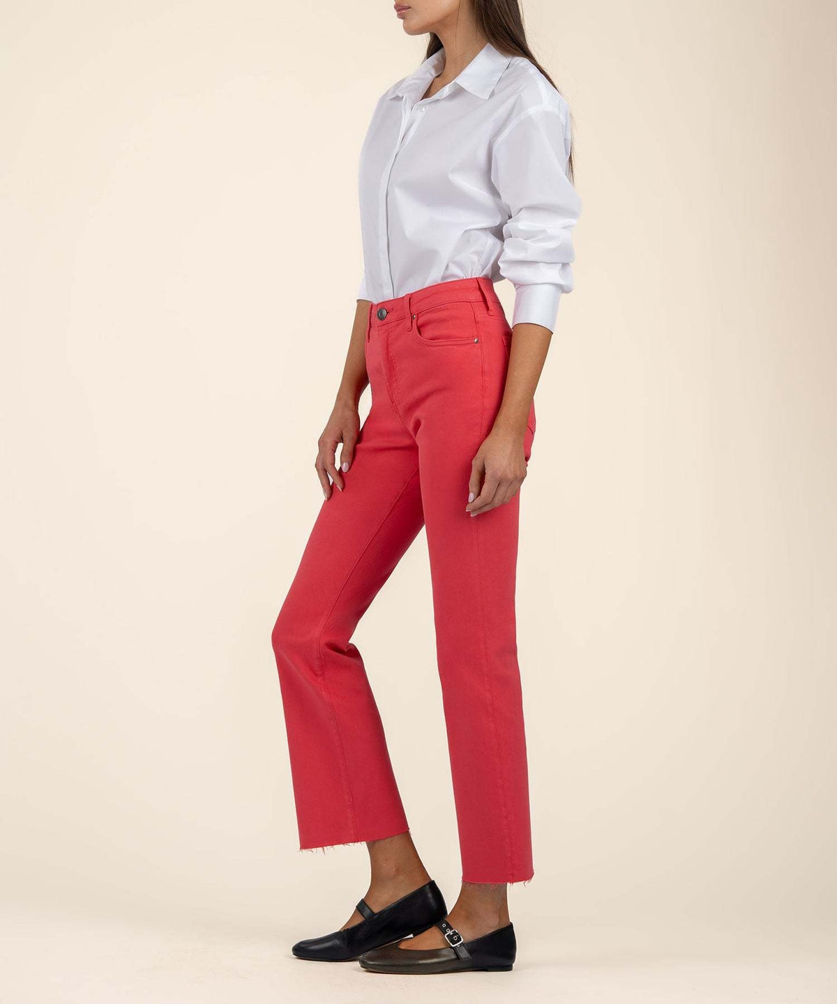 Strawberry high-rise flare jeans with raw hem edge