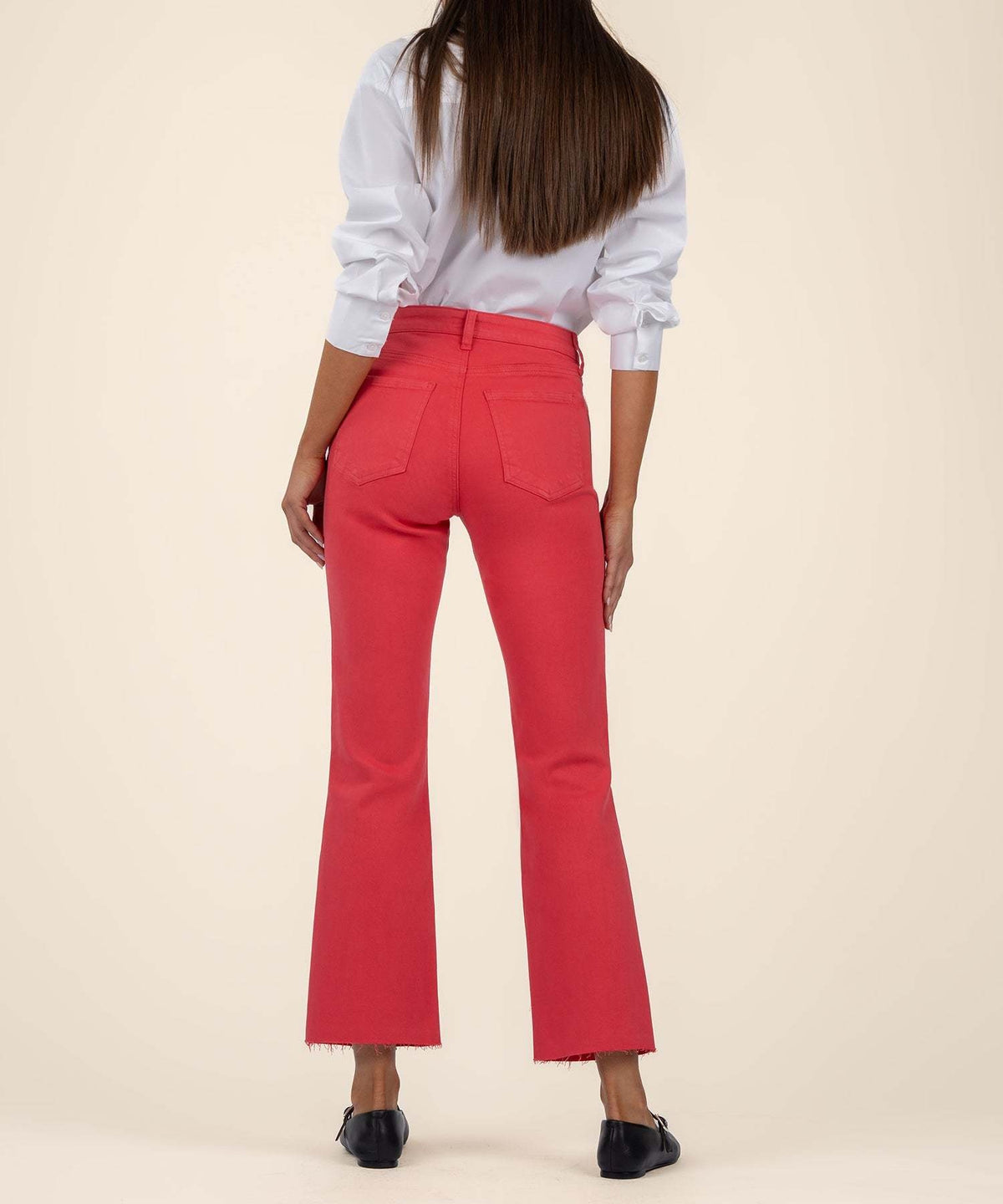 Strawberry high-rise flare jeans with raw hem pockets