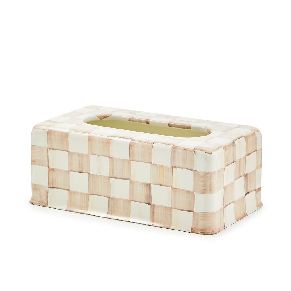 Mocha Check hand-painted steel standard tissue box cover with a beige and cream checkered pattern.