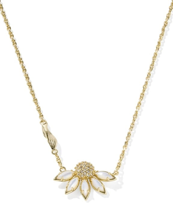 Anya Flower short pendant necklace in gold over brass featuring petal-shaped stones with crystal and white cubic zirconia accents on a chain.