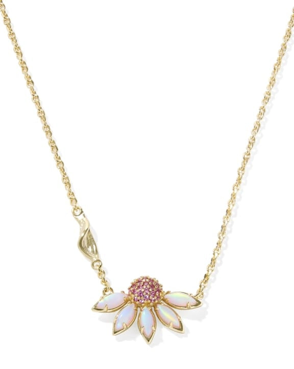Anya Flower short pendant necklace in yellow gold featuring petal-shaped stones with crystal and white cubic zirconia accents.