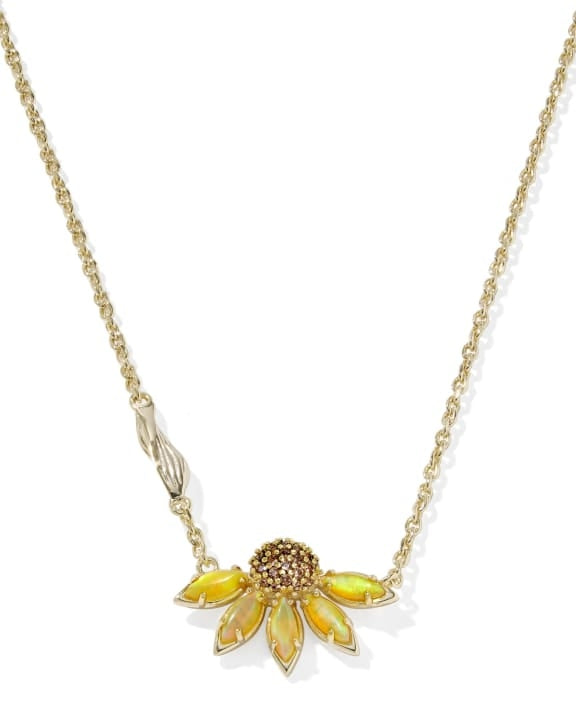 Anya Flower short pendant necklace in gold over brass with petal-shaped stones, crystal accents, and a white cubic zirconia flower design on an adjustable chain.