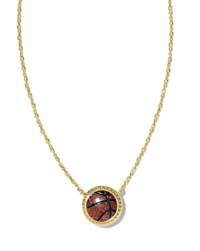 Orange goldstone basketball pendant on a 14k yellow gold over brass chain with lobster clasp.
