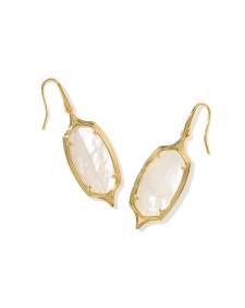 Dani Stepped Frame Drop Earrings in gold with ivory mother-of-pearl stones.