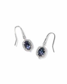 Daphne Crystal Frame Drop Earrings in rhodium with oval blue glass over nude abalone stones.