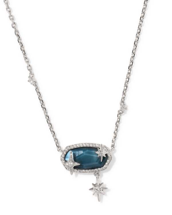 Elisa Star Short Pendant Necklace in rhodium with a blue stone and star charms.