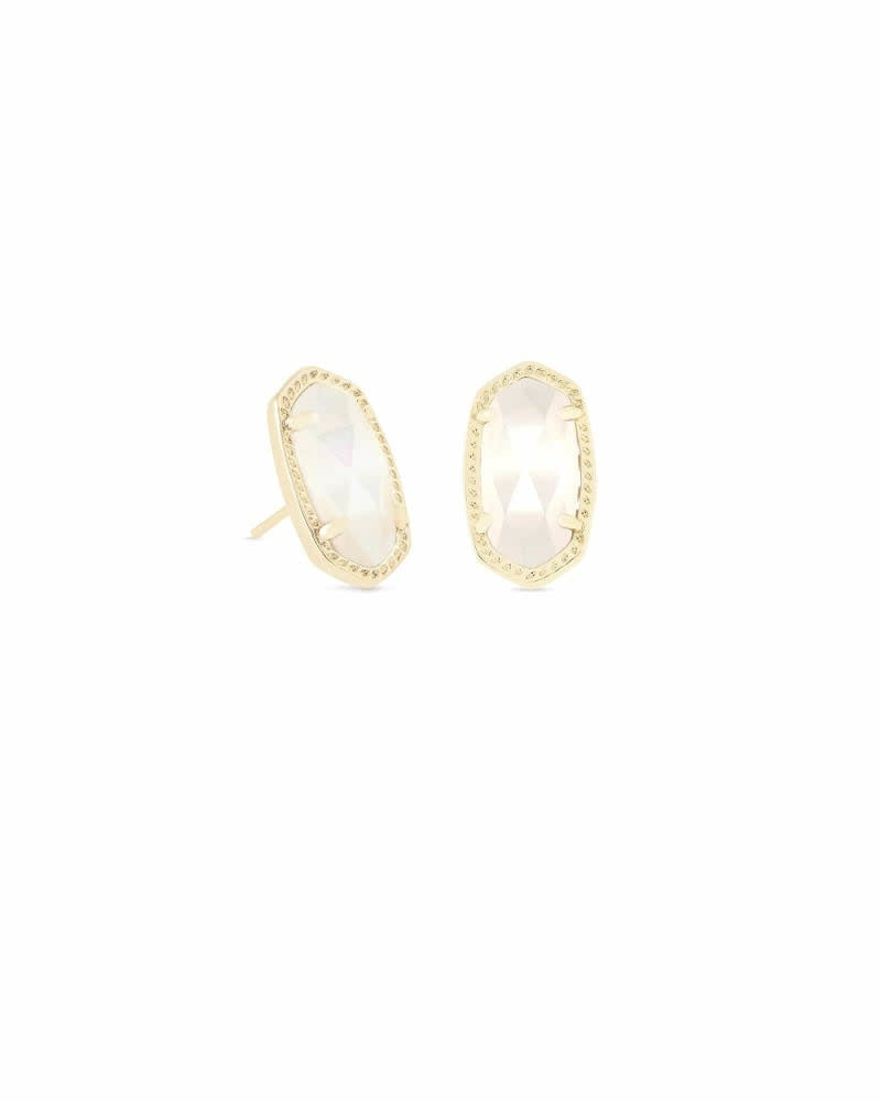 Gold stud earrings with oval dichroic glass stones in ivory pea color.